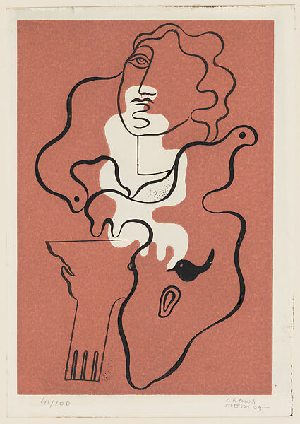 Abstract composition with a head and bird-like form, from the portfolio 'Motivos', Carlos Mérida (Guatemalan, Guatemala City 1891–1984 Mexico City), Colour woodcut in red 