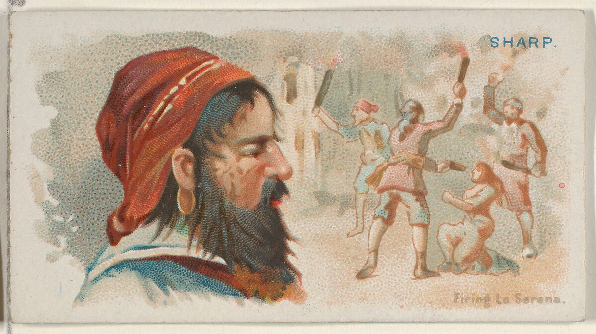 Bartholomew Sharp, Firing La Serena, from the Pirates of the Spanish Main series (N19) for Allen & Ginter Cigarettes, Allen &amp; Ginter (American, Richmond, Virginia), Commercial color lithograph 