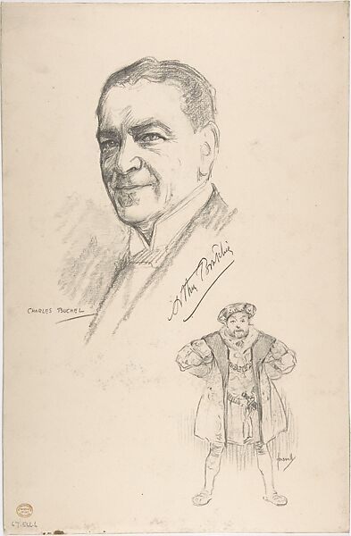 Portrait Head of the actor Arthur Bourchier, also shown full-length in costume, Portrait after Charles A. Buchel (British (born Germany), Mainz 1872–1950), Lithograph 