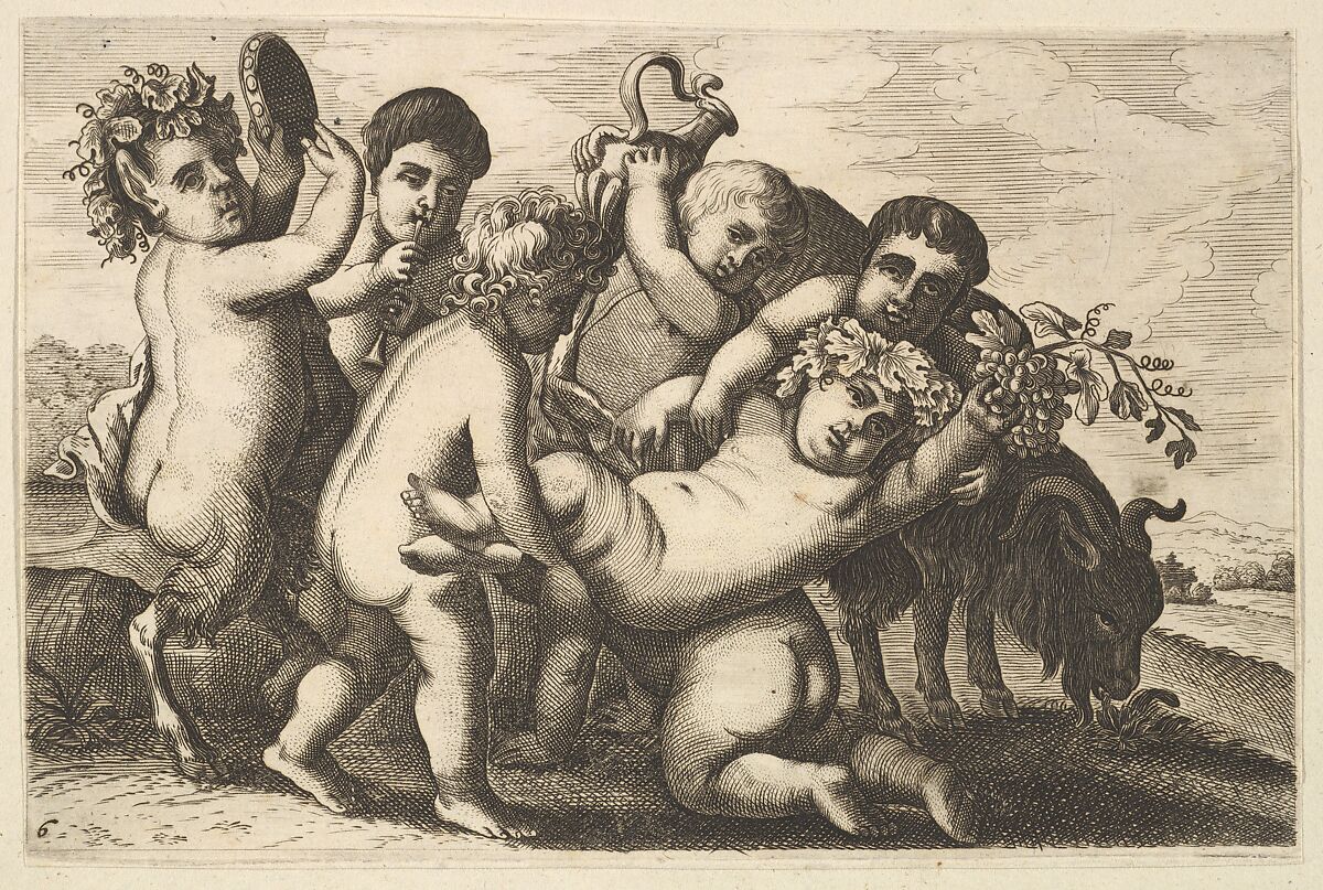 Five boys, two satyrs, and a goat (copy in reverse), Copy after Wenceslaus Hollar (Bohemian, Prague 1607–1677 London), Etching and engraving 