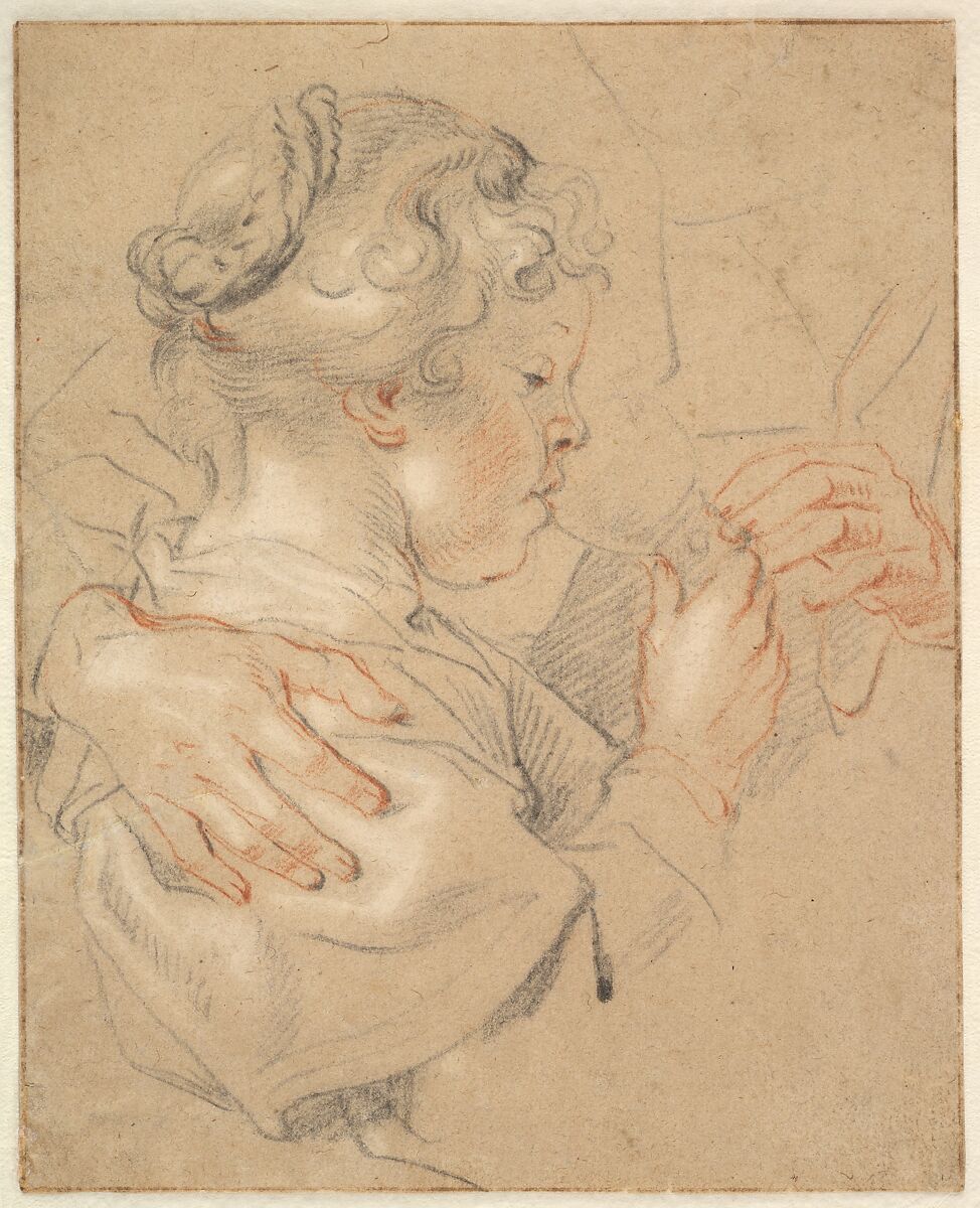 Study of a Young Girl Drinking from a Glass, Jacob Jordaens (Flemish, Antwerp 1593–1678 Antwerp), Black and red chalk, heightened with white chalk, on light brown paper; framing lines in pen and brown ink 