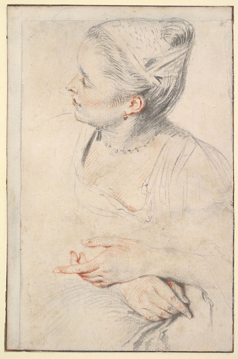 Study of a Woman's Head and Hands, Antoine Watteau (French, Valenciennes 1684–1721 Nogent-sur-Marne), Red and white chalk and graphite on off-white laid paper 