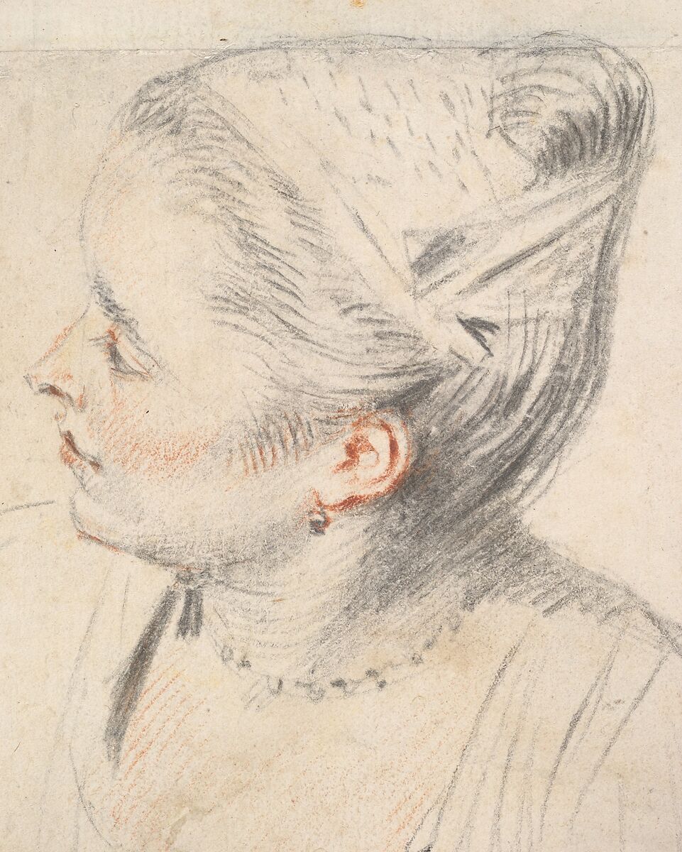 Study of a Woman's Head and Hands, Antoine Watteau (French, Valenciennes 1684–1721 Nogent-sur-Marne), Red and white chalk and graphite