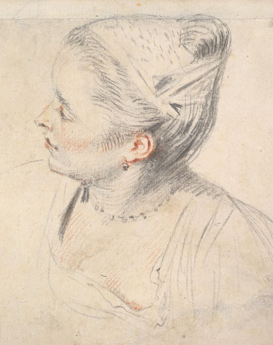 Study of a Woman's Head and Hands, Antoine Watteau (French, Valenciennes 1684–1721 Nogent-sur-Marne), Red and white chalk and graphite