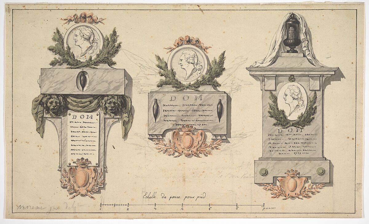 Three Designs for a Funerary Monument or Epitaph, Jean Michel Moreau le Jeune (French, Paris 1741–1814 Paris), Pen and ink, watercolor over graphite 