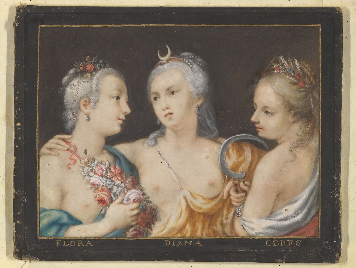 Heads of Goddesses (Flora, Diana, Ceres), Anonymous, French, 17th century, Watercolor and gouache, border in black wash, framing lines in pen and gold ink 