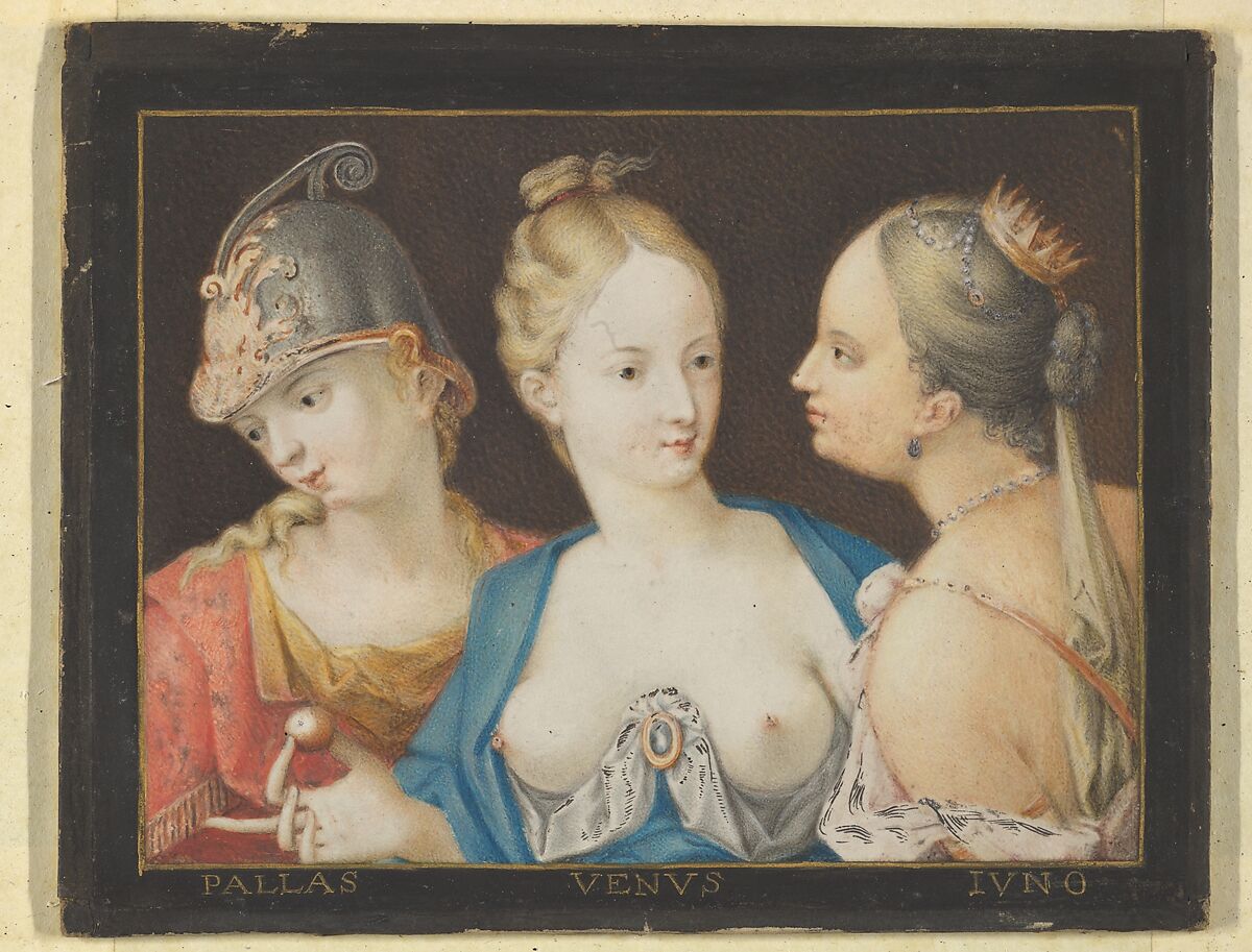 Heads of Goddesses (Pallas, Venus, Juno), Anonymous, French, 17th century, Watercolor and gouache, border in black wash, framing lines in pen and gold ink. 