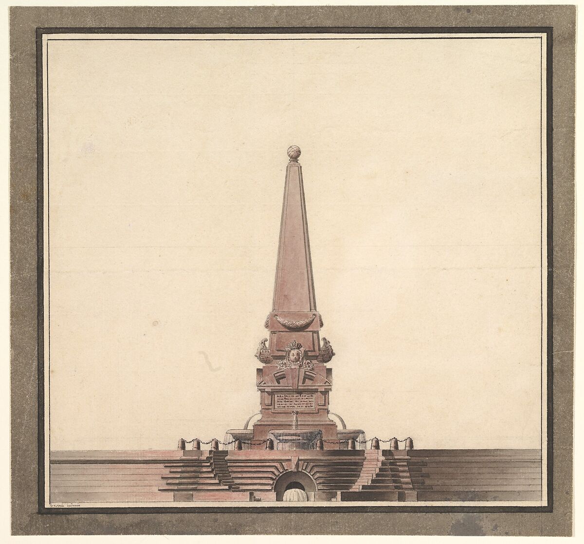 Design for a fountain with an obelisk, Anonymous, 18th century (possibly French), Pen and ink over graphite and watercolor 