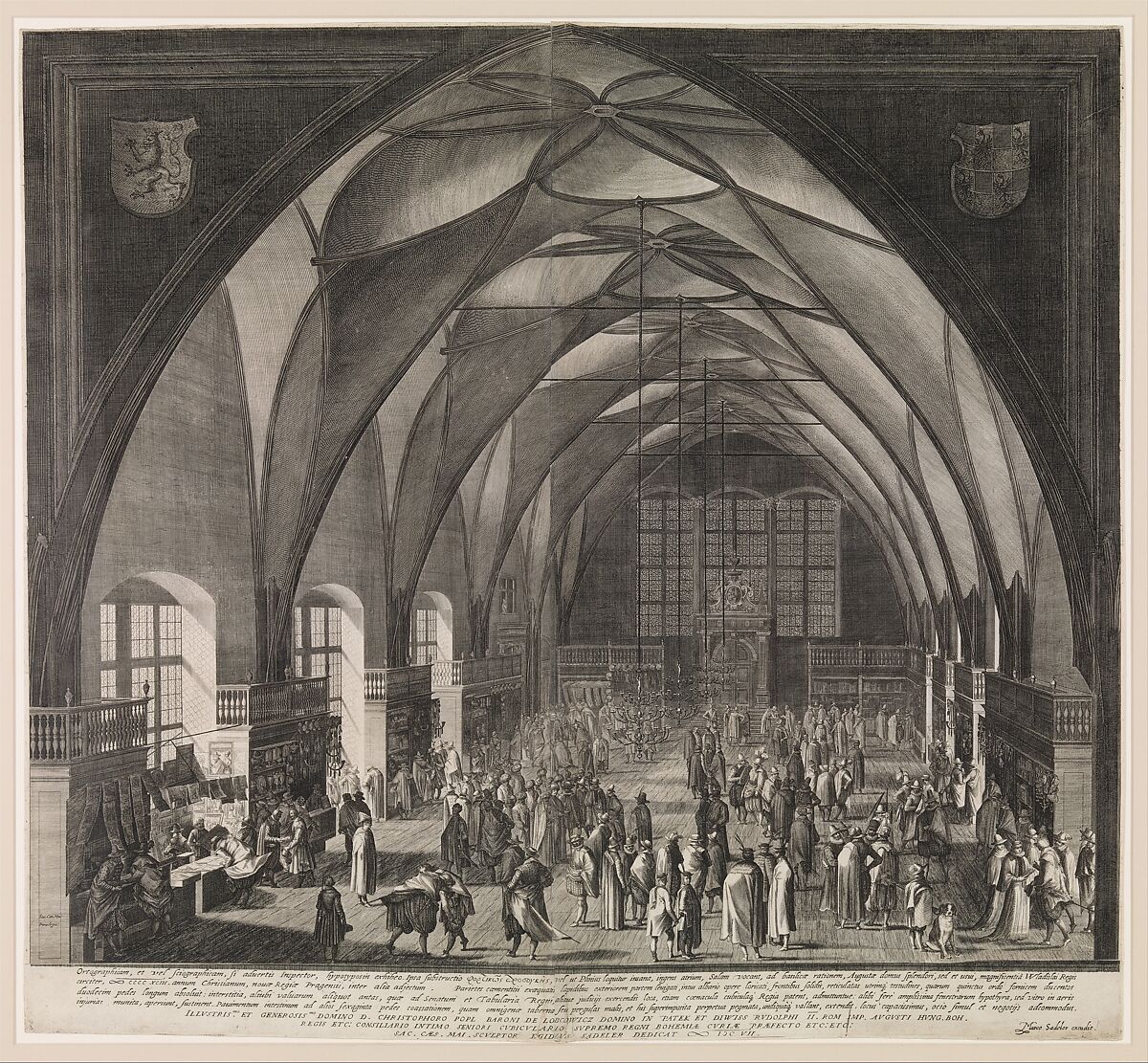 Interior View of Vladislav Hall at Prague Castle during the Annual Fair, Aegidius Sadeler II (Netherlandish, Antwerp 1568–1629 Prague), Engraving 