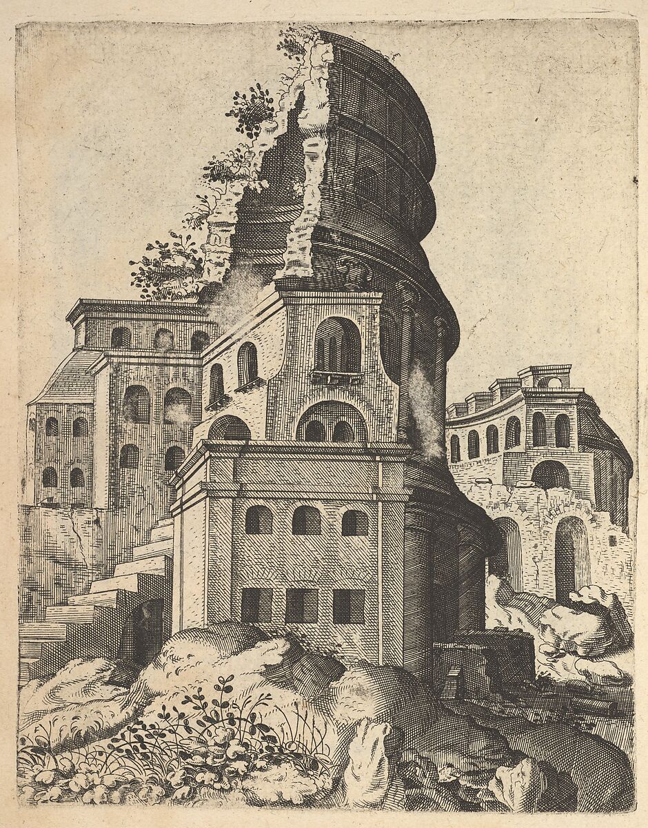 Vertical Landscape with the Ruins of the Temple of Venus and Roma, from the series 'Ruinarum variarum fabricarum delineationes pictoribus caeterisque id genus artificibus multum utiles', Lambert Suavius (Netherlandish, ca. 1510–by 1576), Etching 