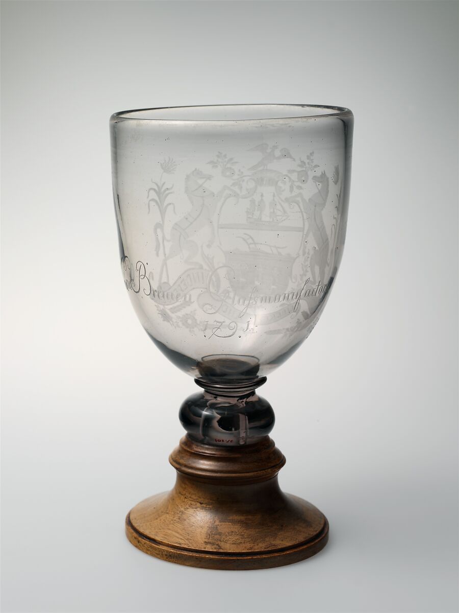 Goblet, New Bremen Glass Manufactory (1784–1795), Blown and engraved glass, wood, American