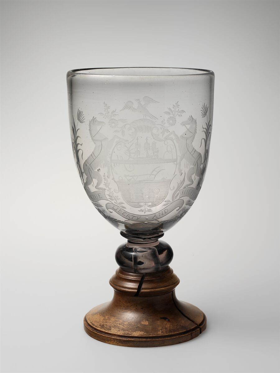 Goblet, New Bremen Glass Manufactory (1784–1795), Blown and engraved glass, wood, American 