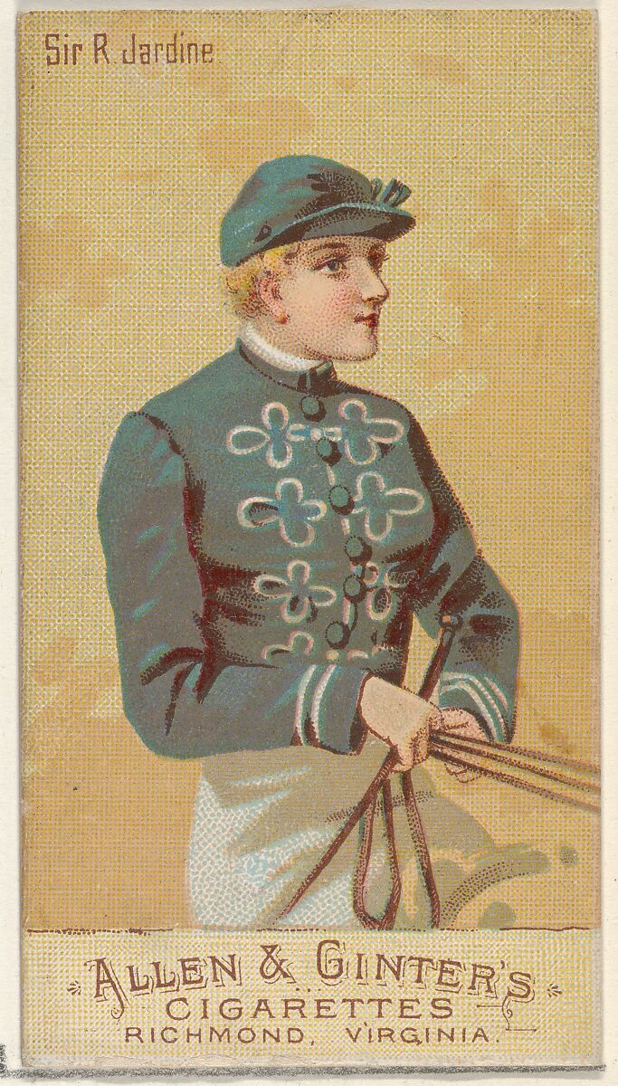 Sir R. Jardine, from the Racing Colors of the World series (N22b) for Allen & Ginter Cigarettes, Allen &amp; Ginter (American, Richmond, Virginia), Commercial color lithograph 