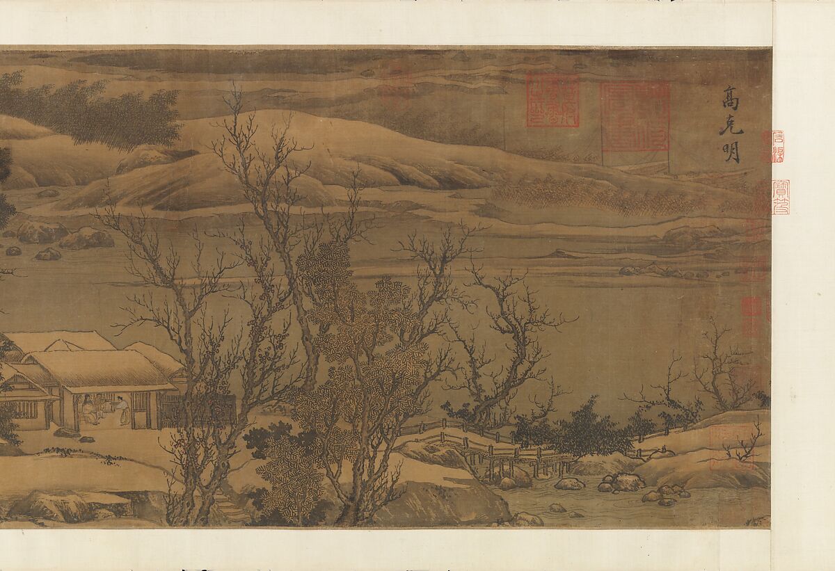 Snowy landscape with rustic riverside retreat, Attributed to Liu Songnian (Chinese, active ca. 1175–after 1195), Handscroll; ink and color on silk, China