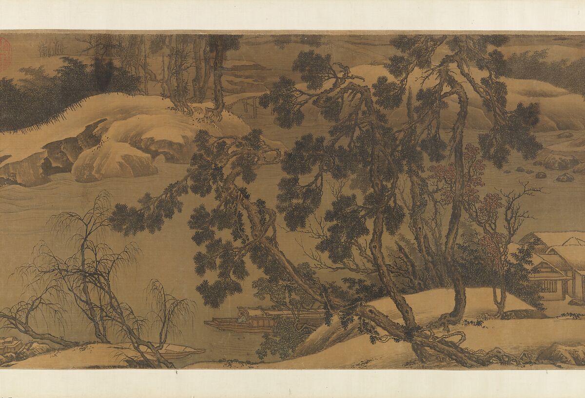 Snowy landscape with rustic riverside retreat, Attributed to Liu Songnian (Chinese, active ca. 1175–after 1195), Handscroll; ink and color on silk, China