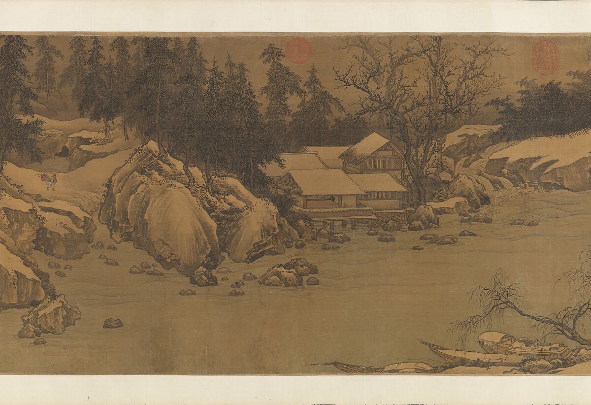 Snowy landscape with rustic riverside retreat, Attributed to Liu Songnian (Chinese, active ca. 1175–after 1195), Handscroll; ink and color on silk, China