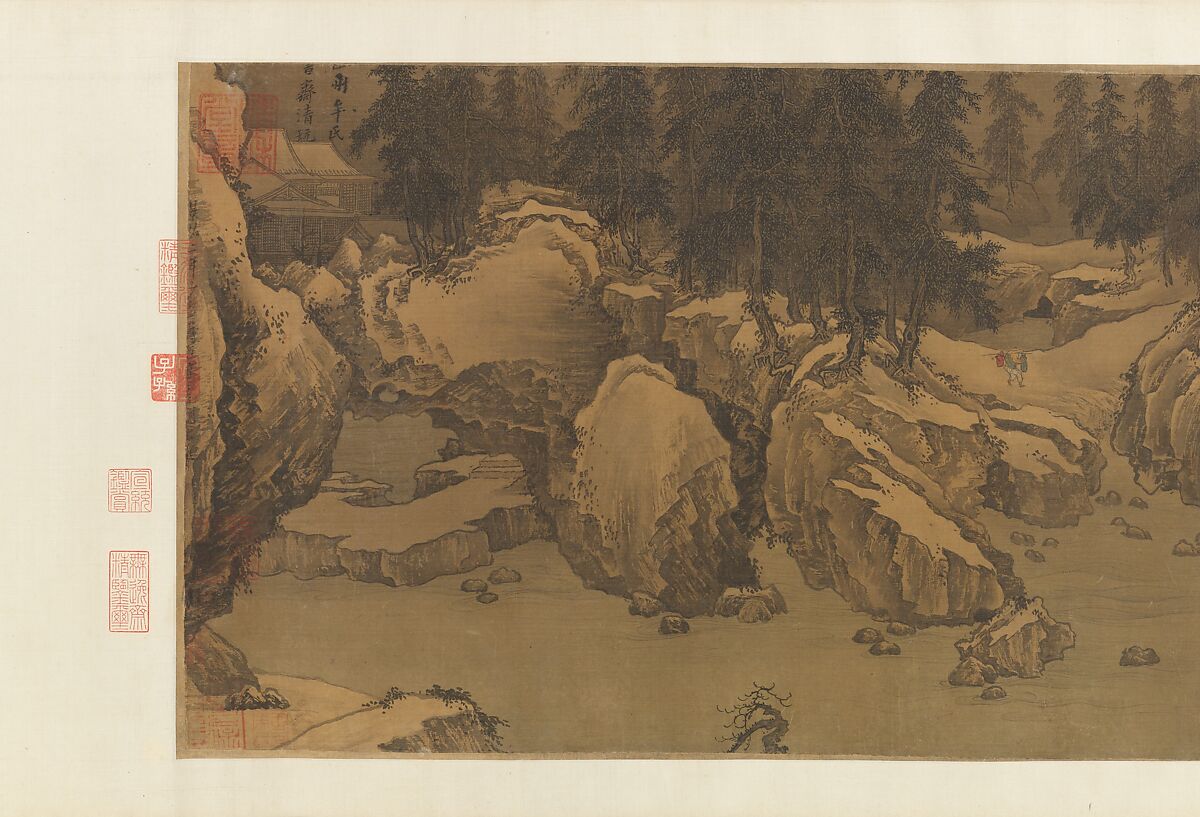 Snowy landscape with rustic riverside retreat, Attributed to Liu Songnian (Chinese, active ca. 1175–after 1195), Handscroll; ink and color on silk, China