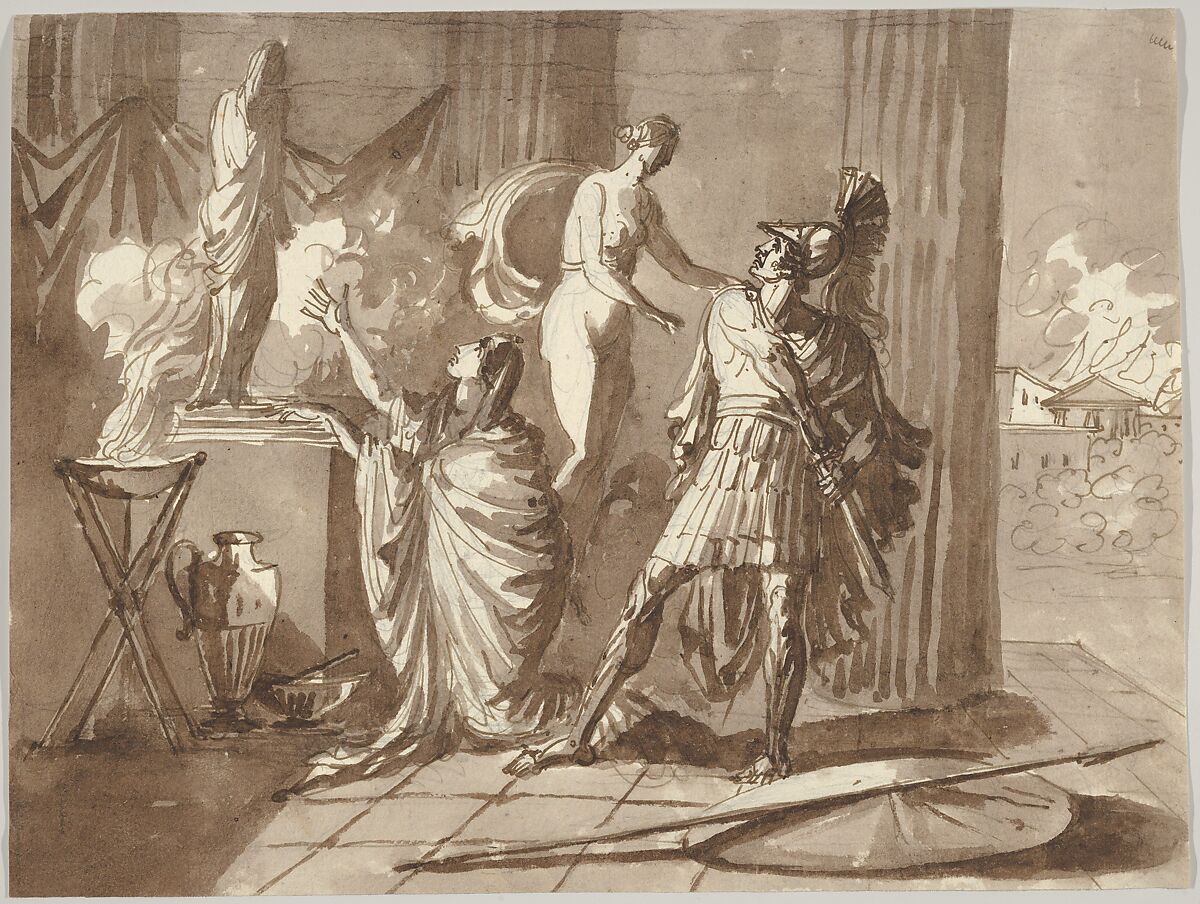 Venus preventing Aeneas from killing Helen, Attributed to Johann Tobias Sergel (Swedish, Stockholm 1740–1814 Stockholm), Pen and brown ink, brown wash, over graphite 