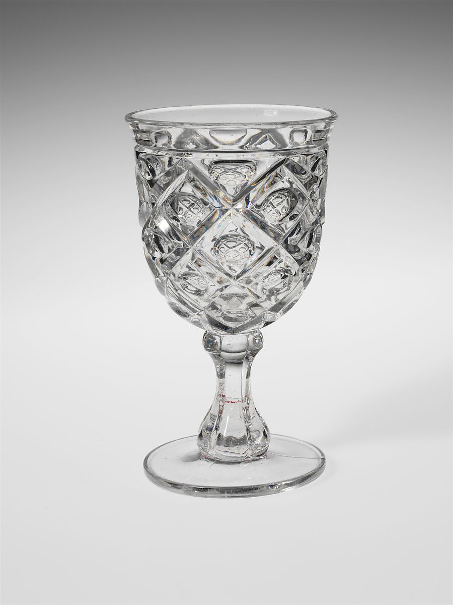 Goblet, Pressed glass, diamond thumbprint, American 