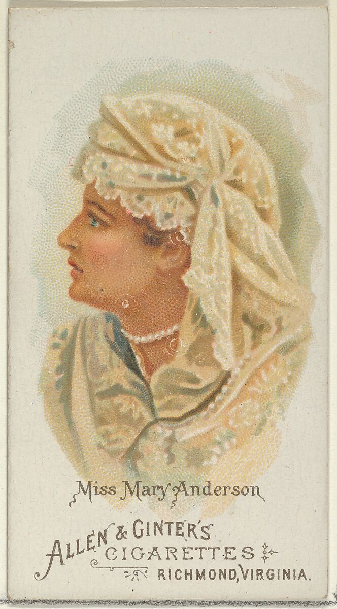 Miss Mary Anderson, from World's Beauties, Series 1 (N26) for Allen & Ginter Cigarettes, Allen &amp; Ginter (American, Richmond, Virginia), Commercial color lithograph 