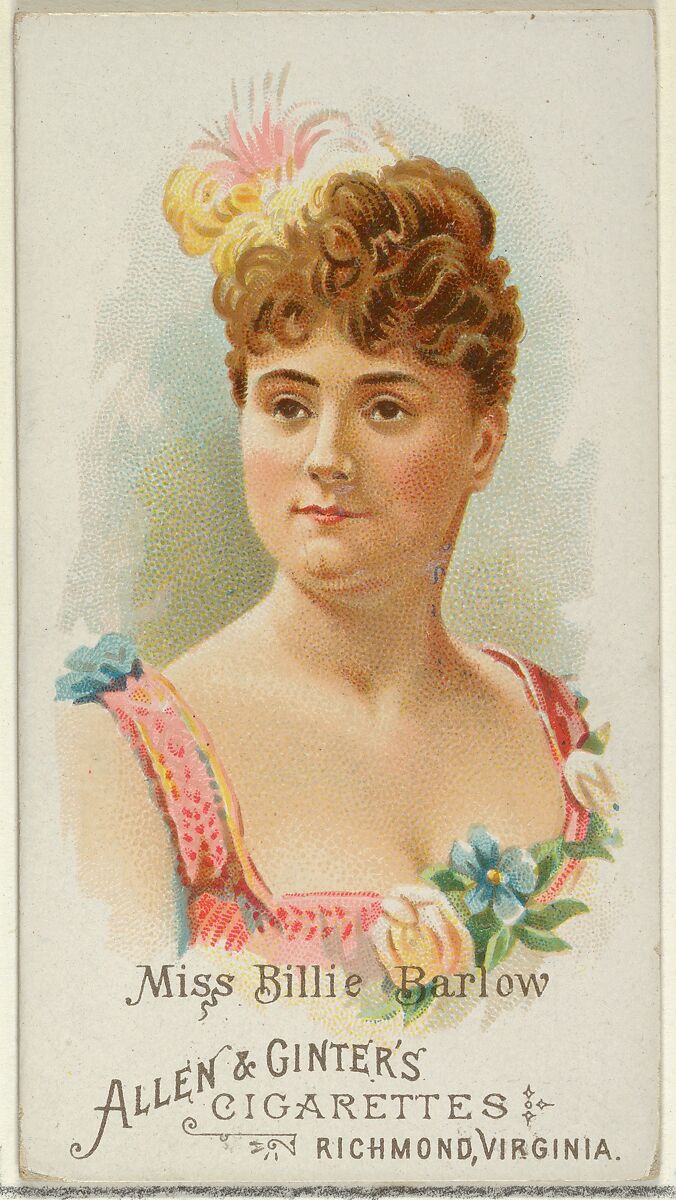 Miss Billie Barlow, from World's Beauties, Series 1 (N26) for Allen & Ginter Cigarettes, Allen &amp; Ginter (American, Richmond, Virginia), Commercial color lithograph 