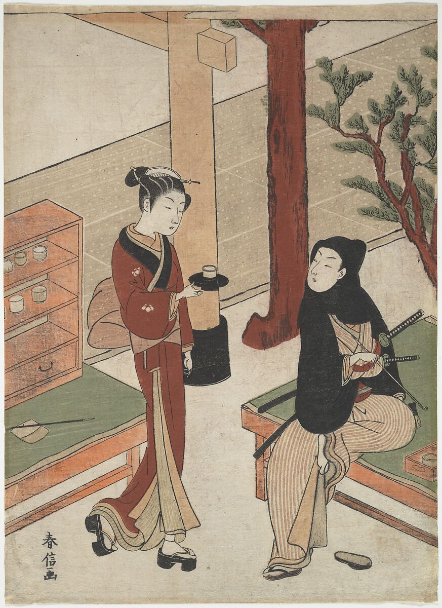 Osen Waiting on a Young Samurai, Suzuki Harunobu (Japanese, 1725–1770), Woodblock print; ink and color on paper, Japan 