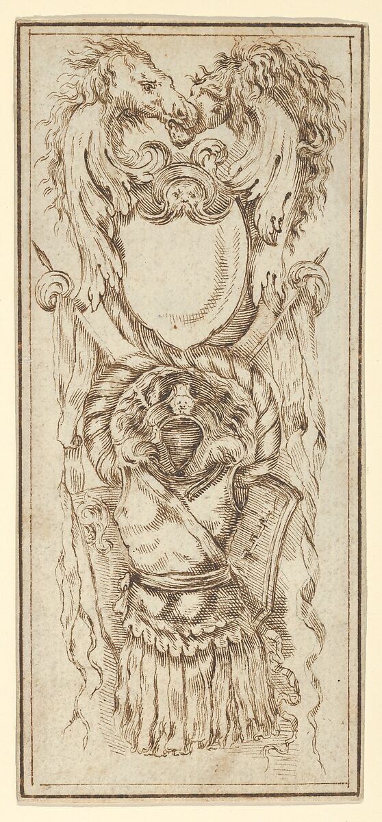 Ornament with Armor and Horses' Heads, Stefano della Bella (Italian, Florence 1610–1664 Florence), Pen and brown ink 