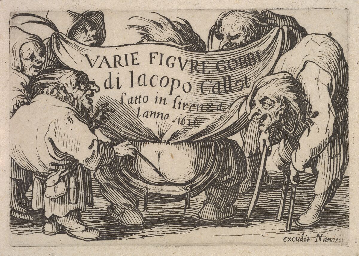 Title page, Varie figure gobbi by Jacques Callot, a squatting figure with bare buttocks surrounded by two figures holding the inscribed drapery and three other figures, Jacques Callot (French, Nancy 1592–1635 Nancy), Etching 