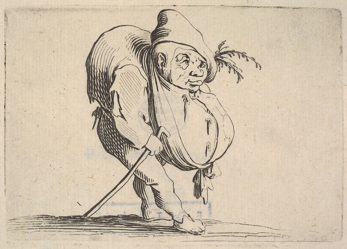 Small figure striding forward with cane and bulging abdomen, body in profile view and head in three-quarters view, from the series 'Varie figure gobbi', Jacques Callot (French, Nancy 1592–1635 Nancy), Etching 