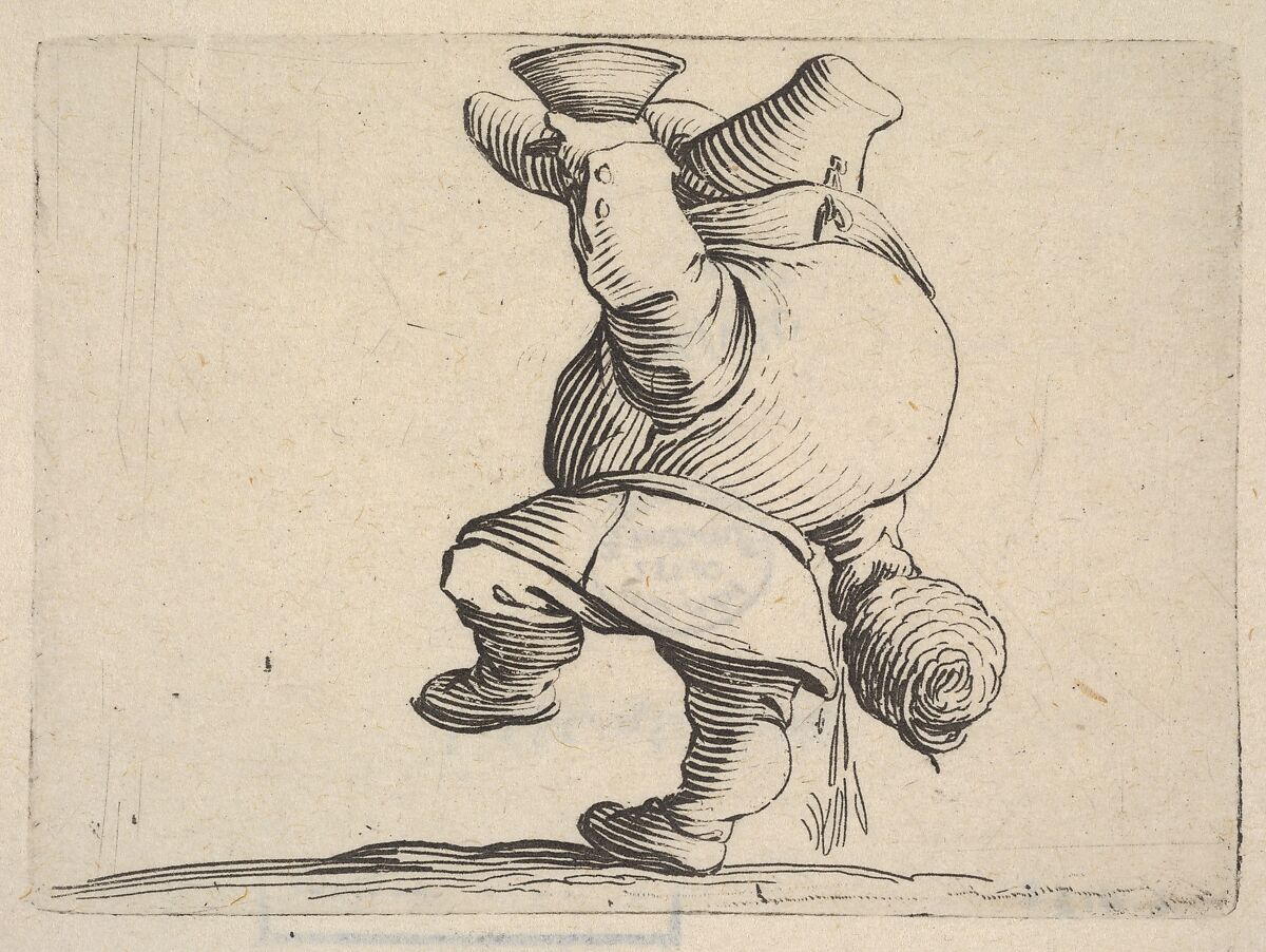 Small male figure in profile view whose face is hidden by his upraised arm holding a cup, with lowered hand grasping a vessel, from the series 'Varie figure gobbi', Jacques Callot (French, Nancy 1592–1635 Nancy), Etching 