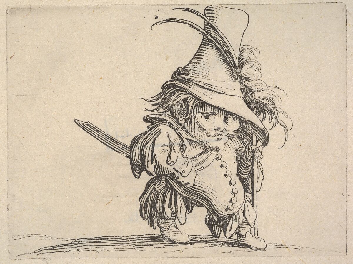 Small male figure in feathered hat with walking stick in left hand, from the series 'Varie figure gobbi', Jacques Callot (French, Nancy 1592–1635 Nancy), Etching 