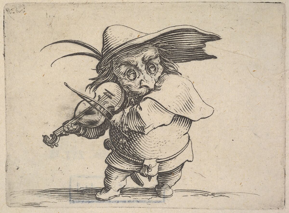 Small, masked male figure playing a violin, from the series 'Varie figure gobbi', Jacques Callot (French, Nancy 1592–1635 Nancy), Etching 