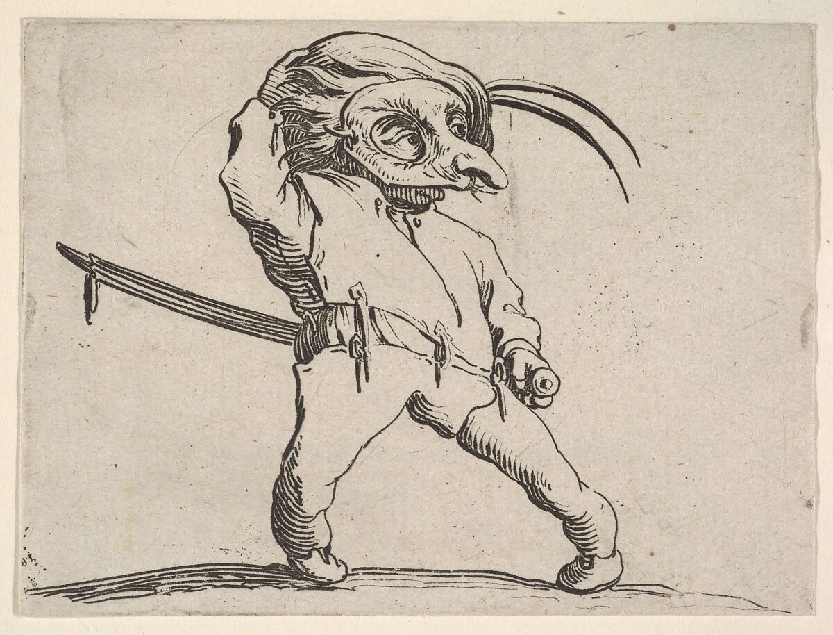 Masked, small male figure with right hand grasping hat and left hand grasping sword hilt, from the series 'Varie figure gobbi', Jacques Callot (French, Nancy 1592–1635 Nancy), Etching 
