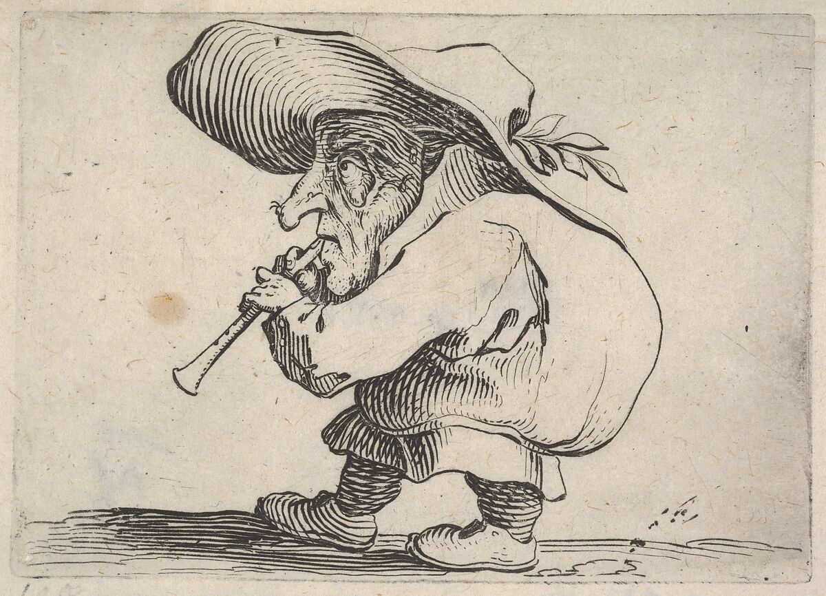 Small male figure playing a wind instrument, in profile view, from the series 'Varie figure gobbi', Jacques Callot (French, Nancy 1592–1635 Nancy), Etching 