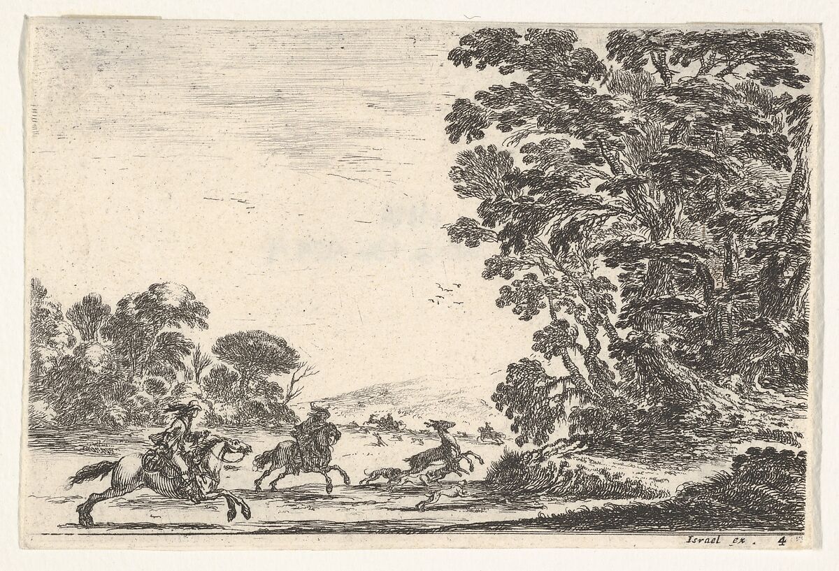 Plate 4: a deer hunt, two horsemen galloping towards the left behind three dogs and a deer, a group of trees to right, from 'Various Figures' (Agréable diversité de figures), Stefano della Bella (Italian, Florence 1610–1664 Florence), Etching; fourth state of five (De Vesme) 