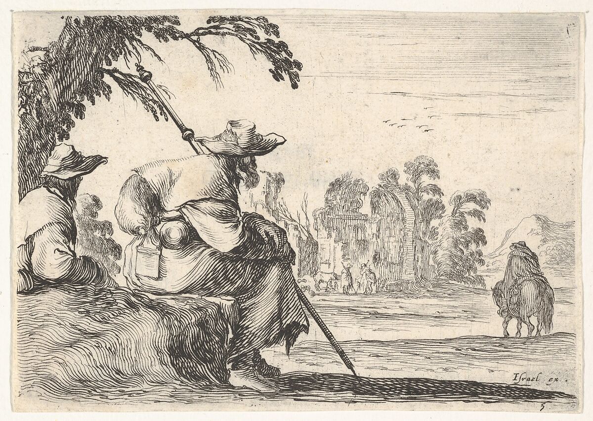 Plate 5: two pilgrims with hats rest to the left, seen from behind, a horseman rides towards the background to the right, from 'Various Figures' (Agréable diversité de figures), Stefano della Bella (Italian, Florence 1610–1664 Florence), Etching; fourth state of five (De Vesme) 