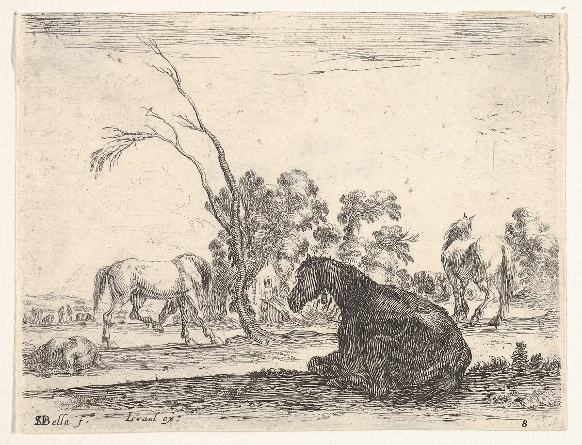 Plate 8: a seated horse to right, seen from behind and turned to the left, three other horses in middleground, a tree in center, from 'Various Figures' (Agréable diversité de figures), Stefano della Bella (Italian, Florence 1610–1664 Florence), Etching; fourth state of five (De Vesme) 