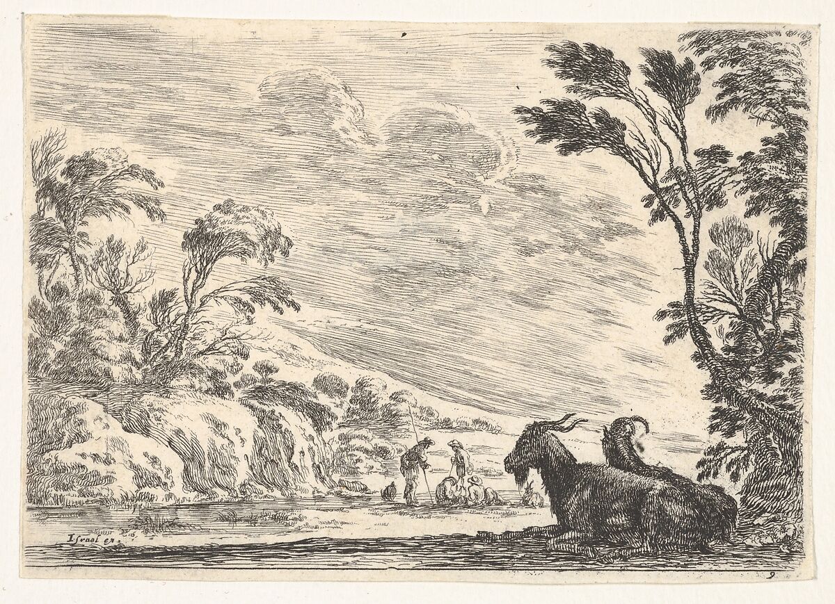 Plate 9: Two goats resting to right, turned towards the left, four men and a horse in a river in the background, from 'Various Figures' (Agréable diversité de figures), Stefano della Bella (Italian, Florence 1610–1664 Florence), Etching; fourth state of five (De Vesme) 