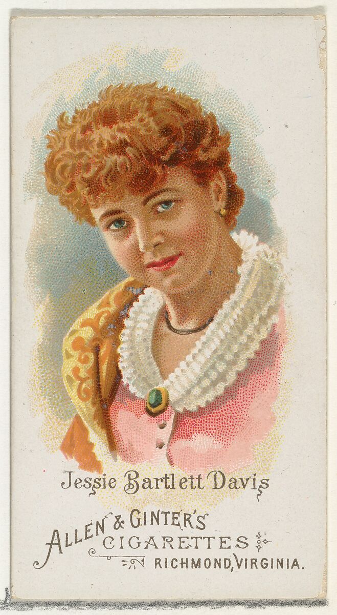 Jessie Bartlett Davis, from World's Beauties, Series 1 (N26) for Allen & Ginter Cigarettes, Allen &amp; Ginter (American, Richmond, Virginia), Commercial color lithograph 