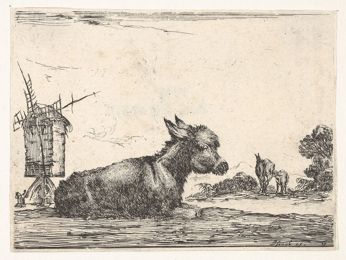 Plate 11: a resting donkey, a horse and a foal to right and a windmill to left in the background, from 'Various Figures' (Agréable diversité de figures), Stefano della Bella (Italian, Florence 1610–1664 Florence), Etching; fourth state of five (De Vesme) 