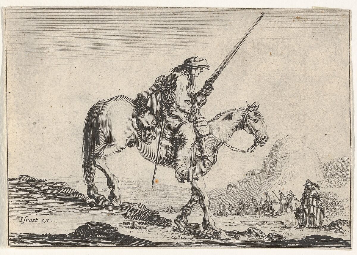 Plate 12: A soldier on horseback, holding a musket in his right hand, in profile descending a slope towards the right, other soldiers on horseback to right in the background, from 'Various Figures' (Agréable diversité de figures), After Stefano della Bella (Italian, Florence 1610–1664 Florence), Etching; undescribed state between second and third of five 