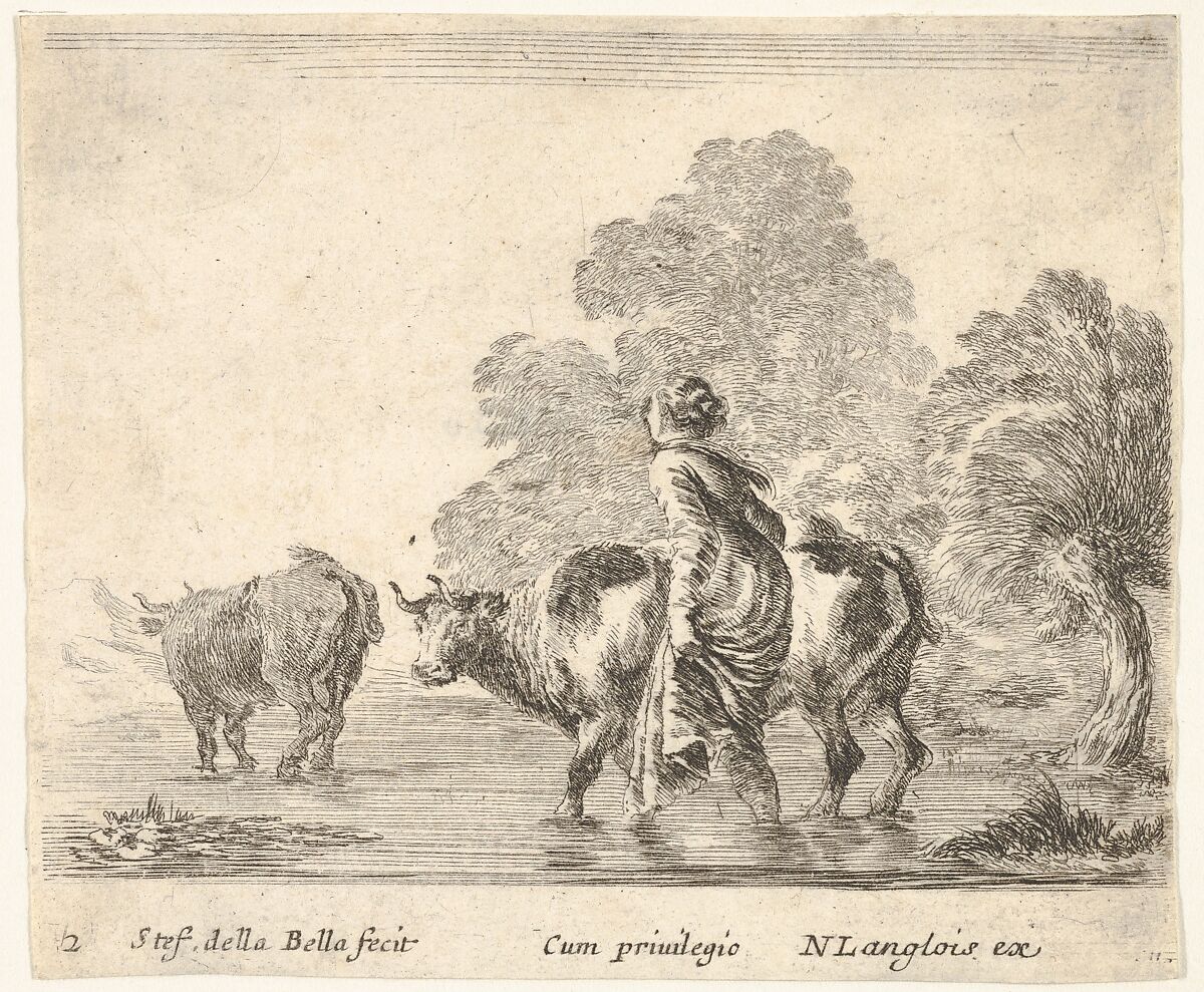 Plate 2: a peasant woman herds two cows across a stream, walking towards the left, from 'Diversi capricci', Stefano della Bella (Italian, Florence 1610–1664 Florence), Etching; third state of four (De Vesme) 