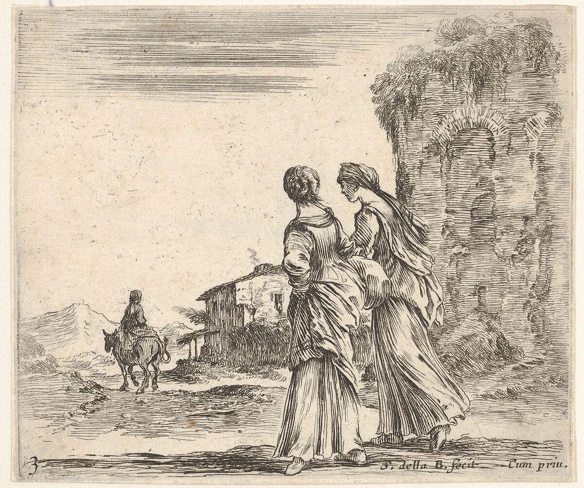 Plate 3: two girls walking towards the left, seen from behind, a woman on a horse to left in background, from 'Diversi capricci', Stefano della Bella (Italian, Florence 1610–1664 Florence), Etching; first state of four 