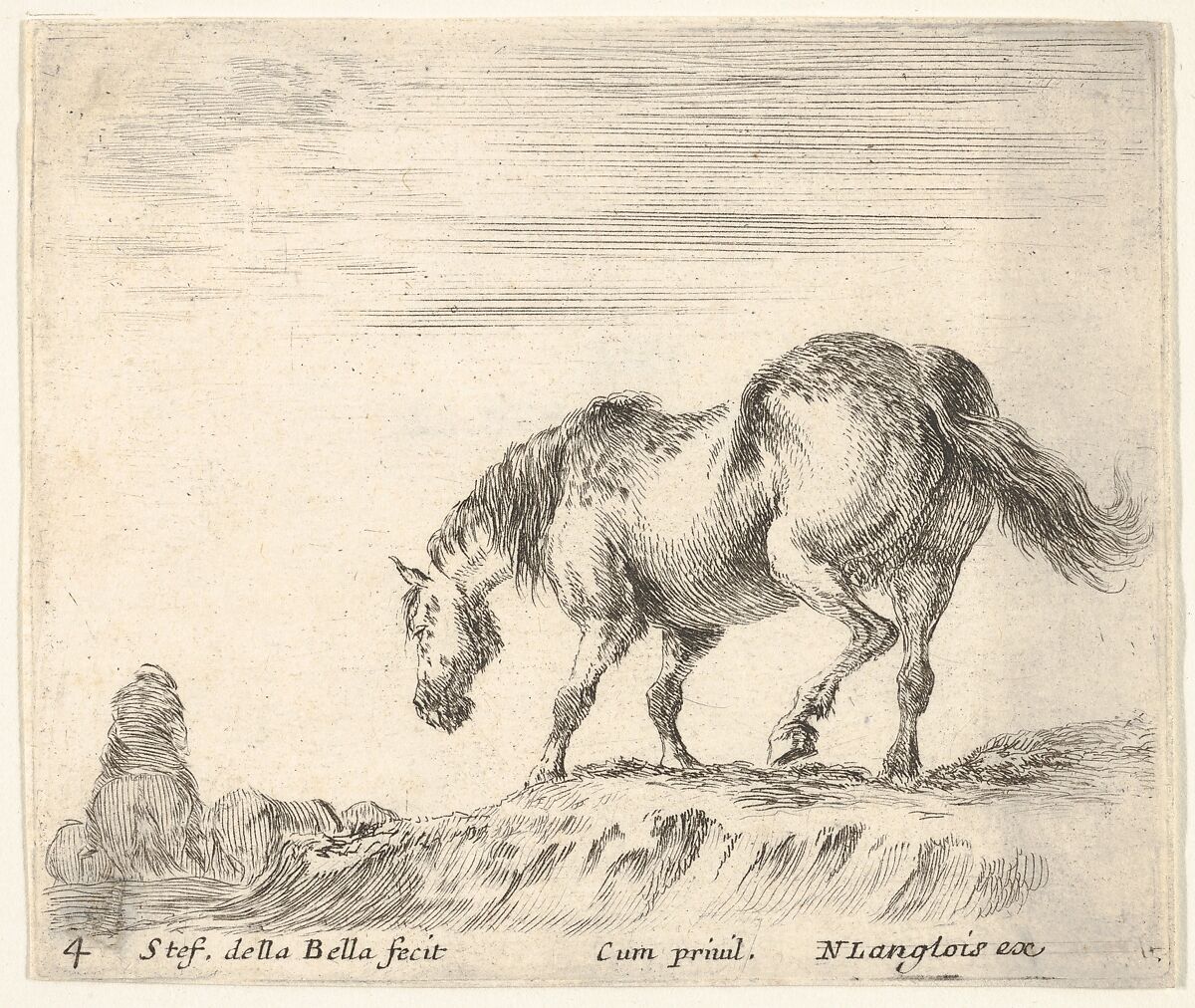 Plate 4: a horse in profile facing the left, about to descend from a mound, a horseman to left in background, from 'Diversi capricci', Stefano della Bella (Italian, Florence 1610–1664 Florence), Etching; third state of four (De Vesme) 