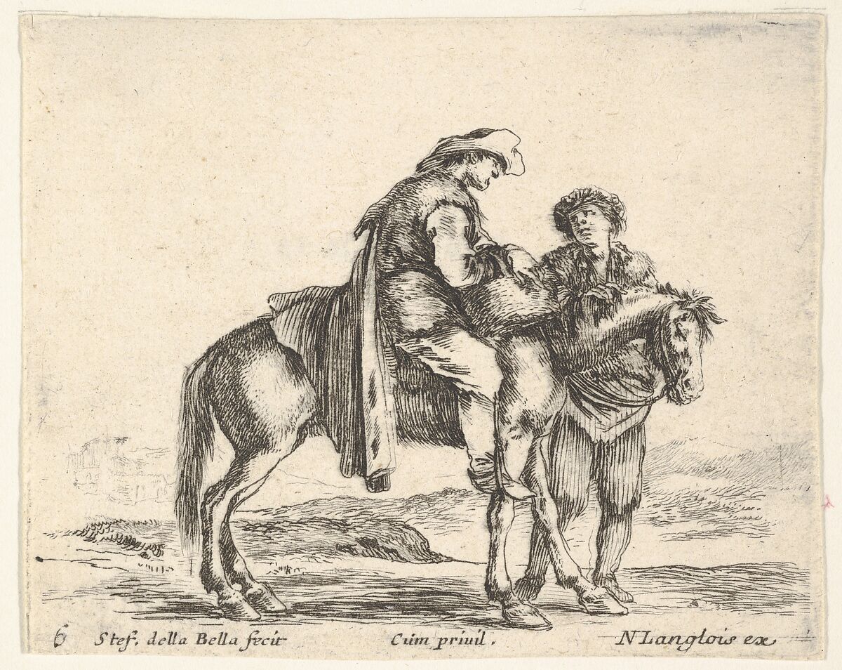 Plate 6: a peasant on horseback in profile facing the right, holding a basket and talking to another man standing behind the horse, from 'Diversi capricci', Stefano della Bella (Italian, Florence 1610–1664 Florence), Etching; third state of four (De Vesme) 