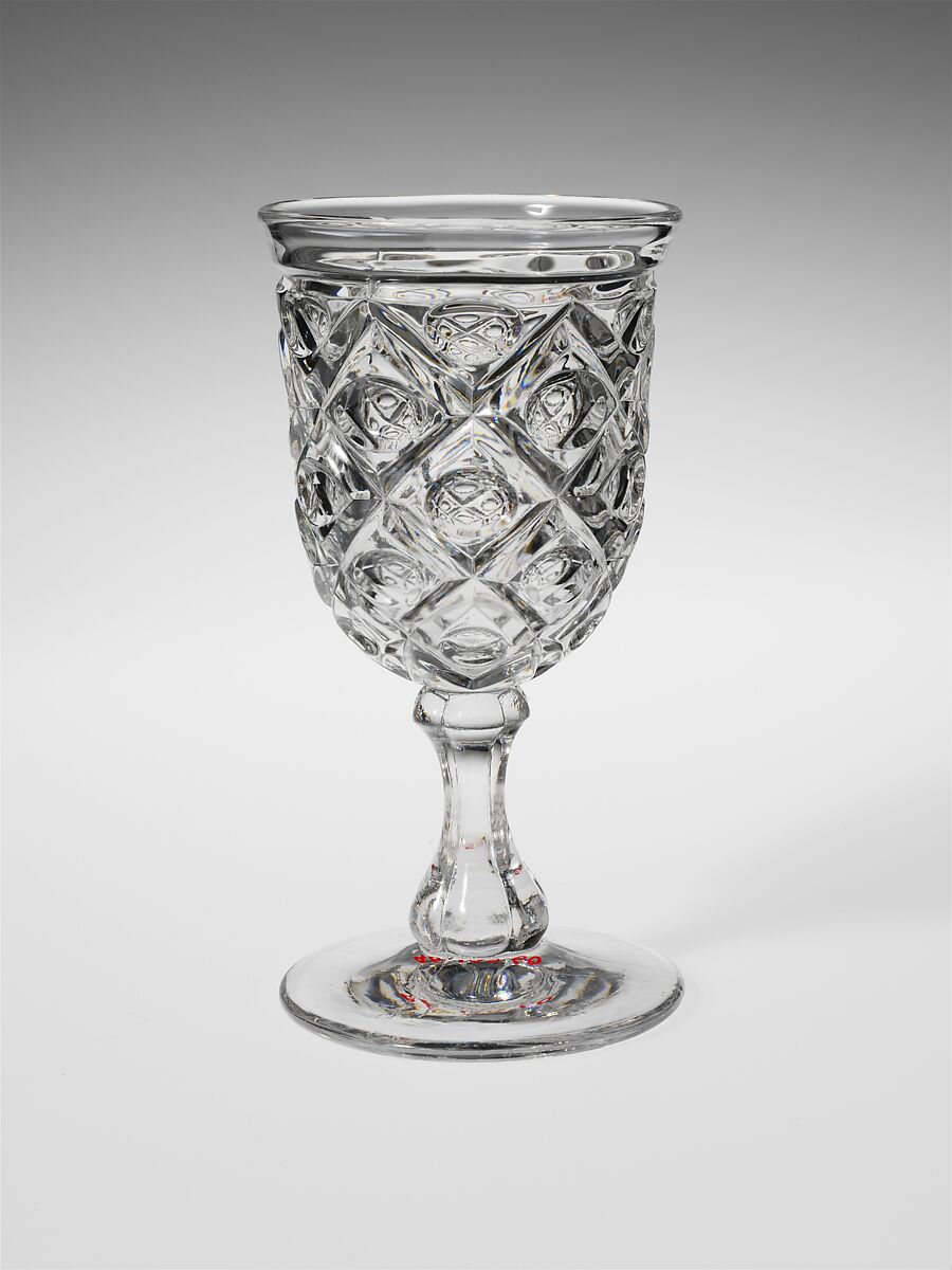 Goblet, Pressed glass, diamond thumbprint, American 
