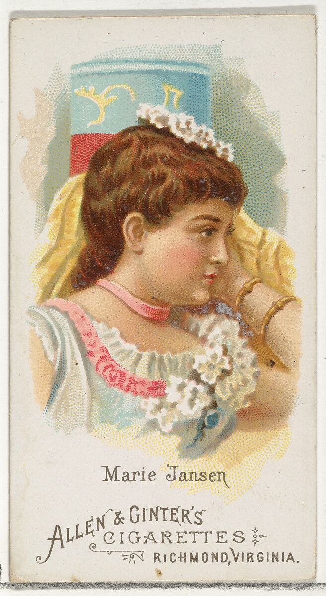 Marie Jansen, from World's Beauties, Series 1 (N26) for Allen & Ginter Cigarettes, Allen &amp; Ginter (American, Richmond, Virginia), Commercial color lithograph 