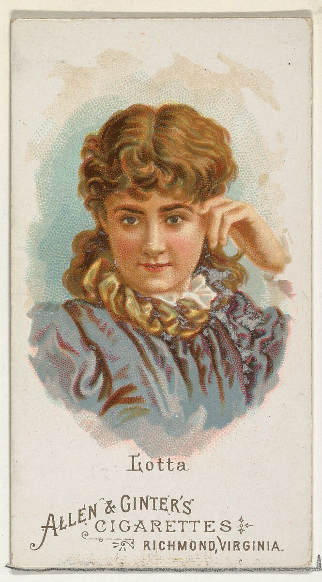 Lotta, from World's Beauties, Series 1 (N26) for Allen & Ginter Cigarettes, Allen &amp; Ginter (American, Richmond, Virginia), Commercial color lithograph 