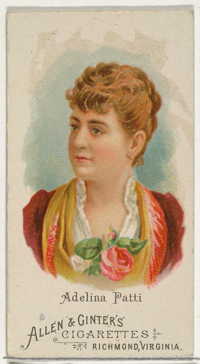Adelina Patti, from World's Beauties, Series 1 (N26) for Allen & Ginter Cigarettes, Allen &amp; Ginter (American, Richmond, Virginia), Commercial color lithograph 