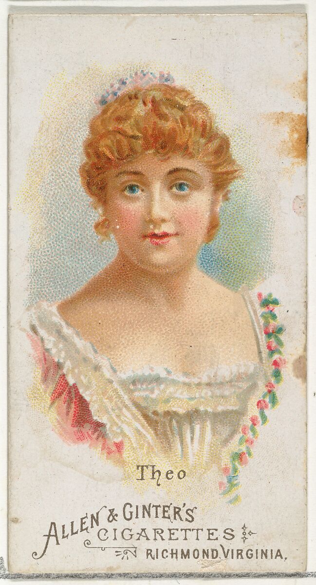 Theo, from World's Beauties, Series 1 (N26) for Allen & Ginter Cigarettes, Allen &amp; Ginter (American, Richmond, Virginia), Commercial color lithograph